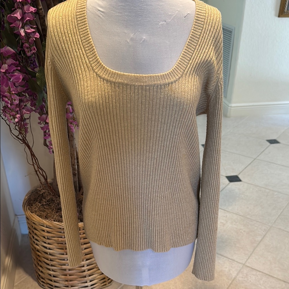 New York & Company Sparkly Gold Crew Neck Sweater with Ribbed Knit